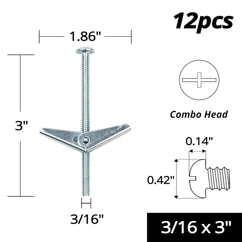 HASWARE Toggle Bolt Zinc Plated Steel and Wing Nut for Hanging Heavy Items on Drywall 3/16x3 (12 Pack) - Image 2